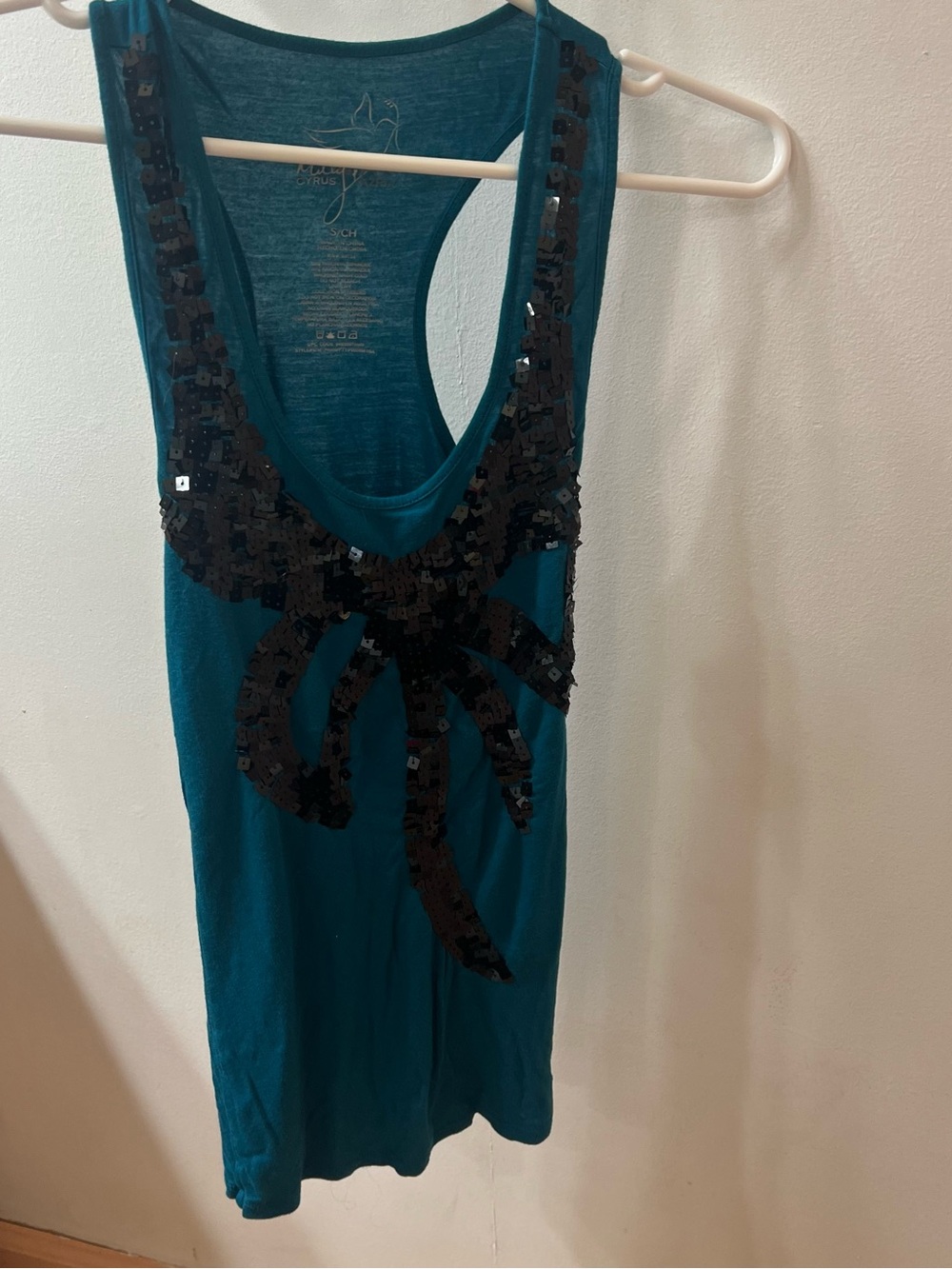 Miley Cyrus & Max Azria Teal Tank with Black Sequin Bow